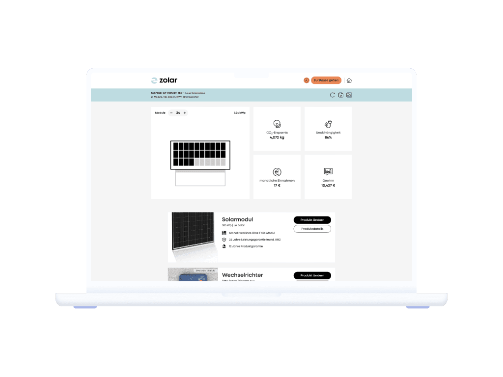 Laptop mit zolar Online-Konfigurator – PV-Anlage online planen