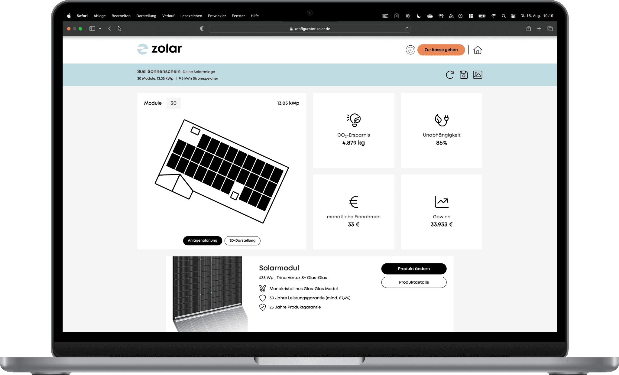 Screenshot aus dem zolar Online Konfigurator zeigt CO²-Ersparnis, Unabhängigkeit, monatliche Einnahmen und Gewinn einer PV-Anlage von zolar