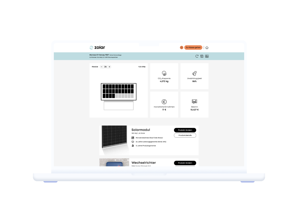 Screenshot aus dem Zolar Online Konfigurator - Leistung PV-Anlage berechnen